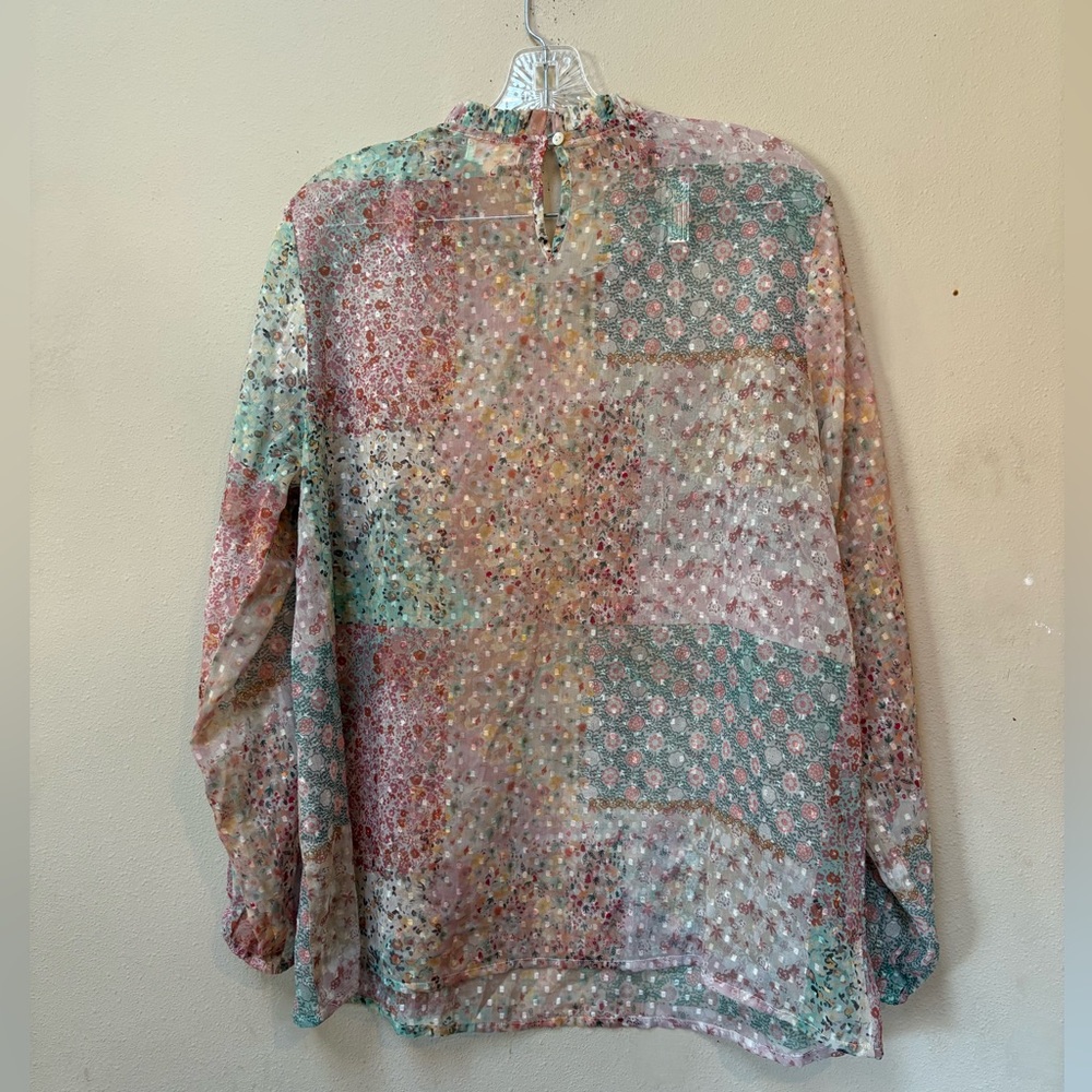 World Market Patchwork Floral Blouse L Cottagecore Prairie Boho Romantic hi I - Picture 6 of 6